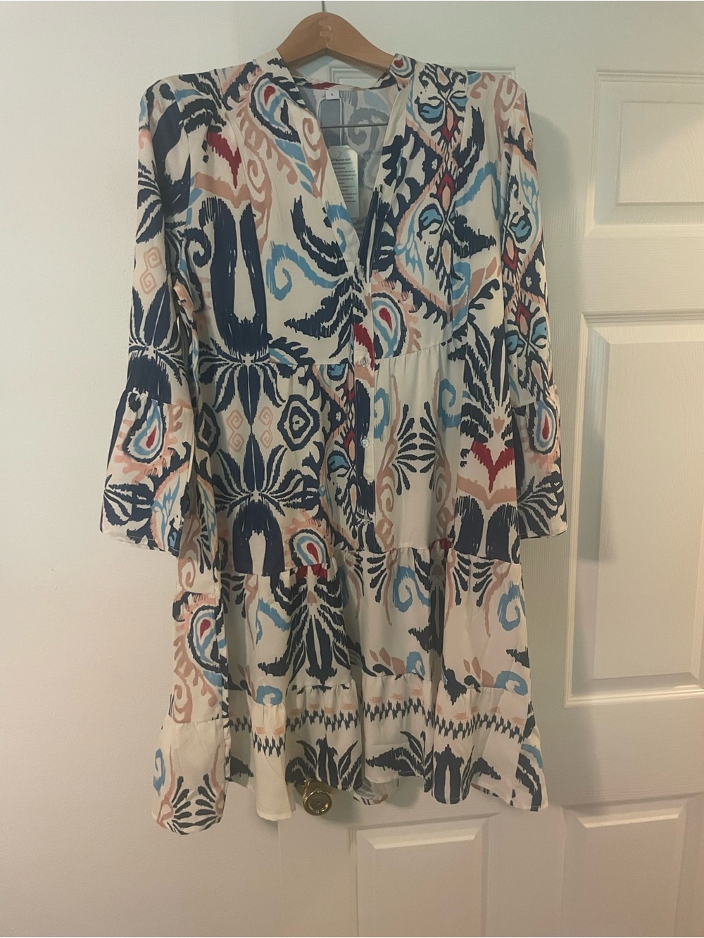 Women’s Large Printed Boho Tiered V-Neck Dress in Navy, Light Blue & Blush